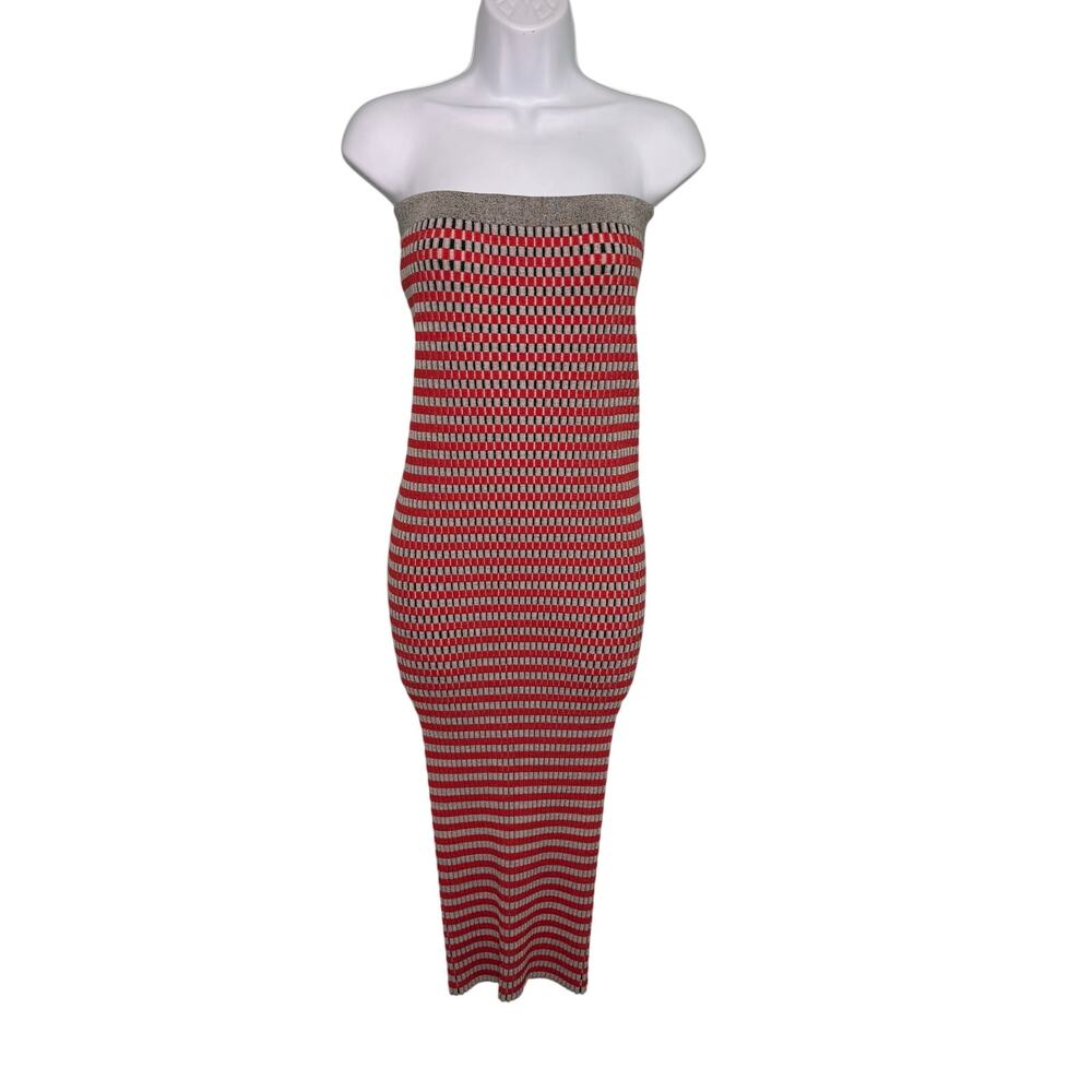 Paco Rabanne Strapless Stripe Knit Bodycon Dress Back Buttons Cotton Jacquard XS